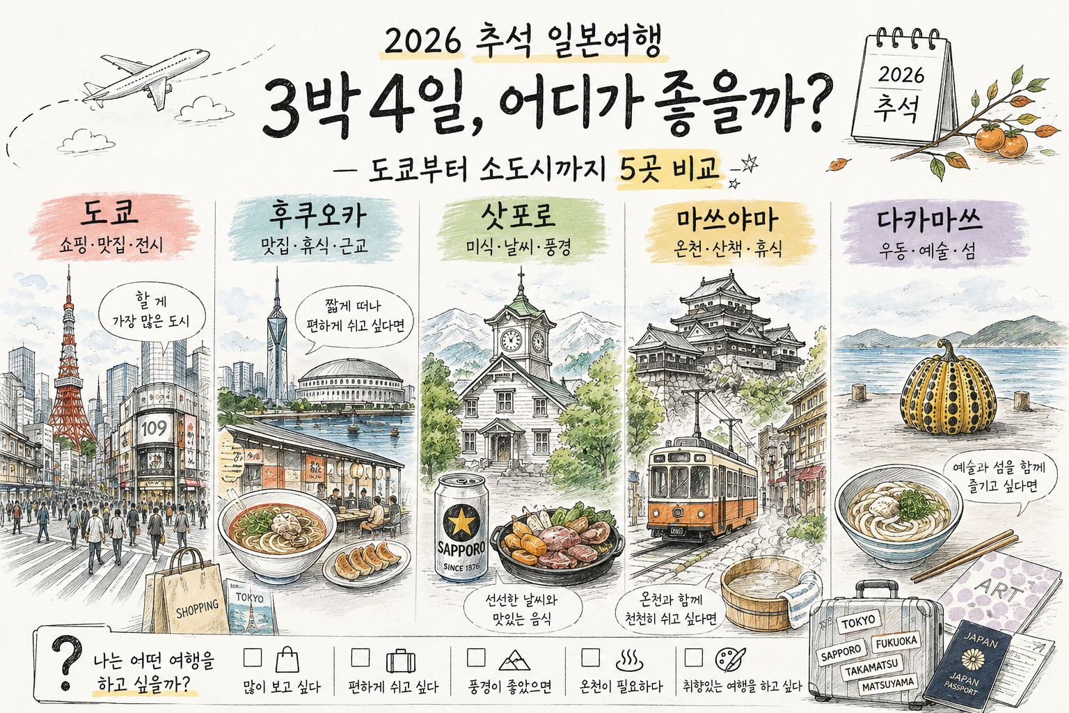 2026 추석 일본 여행, 3박 4일 어디가 좋을까? 도쿄부터 소도시까지 5곳 비교